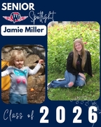 West Central High School Senior Spotlight for Jamie Miller, Class of 2026. Jamie’s portrait captures her sitting among summer flowers, paired with a fun throwback photo of her as a young girl. The graphic proudly displays the "WC" winged logo and "Class